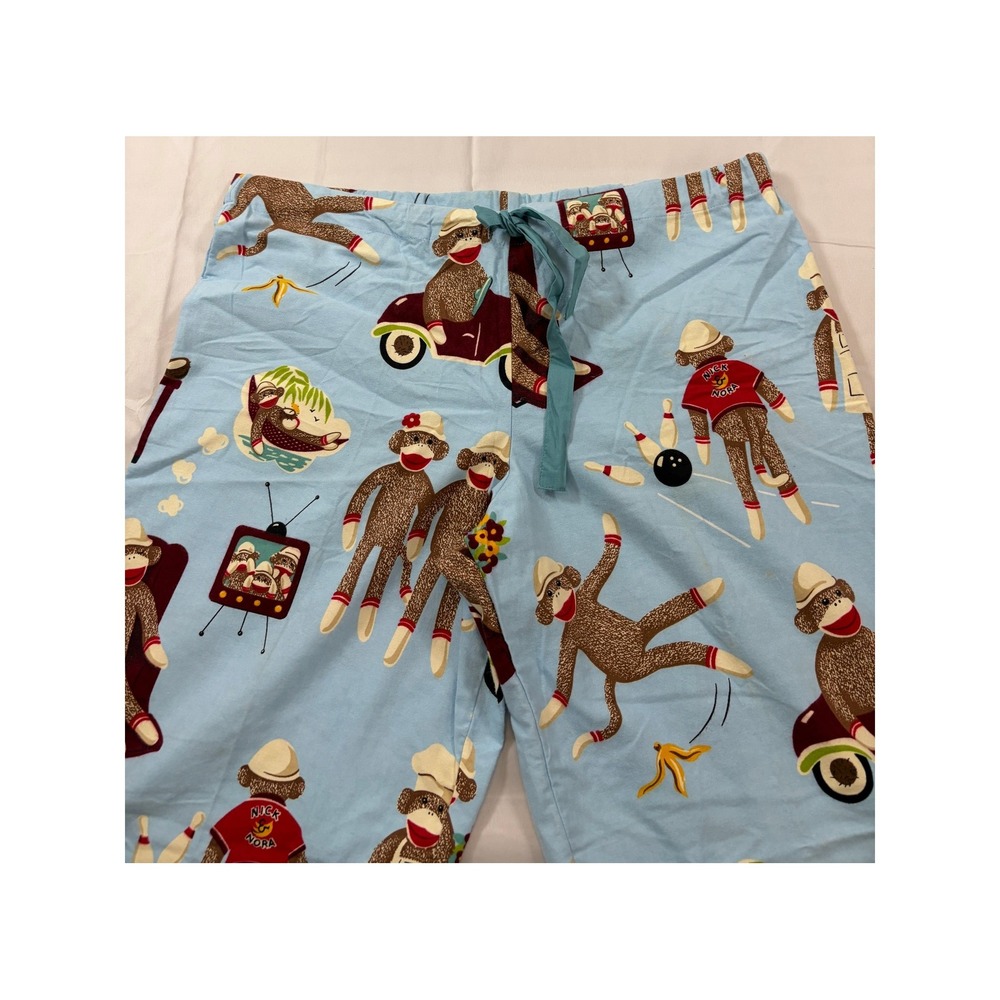Nick & Nora Blue Sock Monkey Pajama Pants Mens Medium Cotton Bowling Retro - Picture 10 of 11